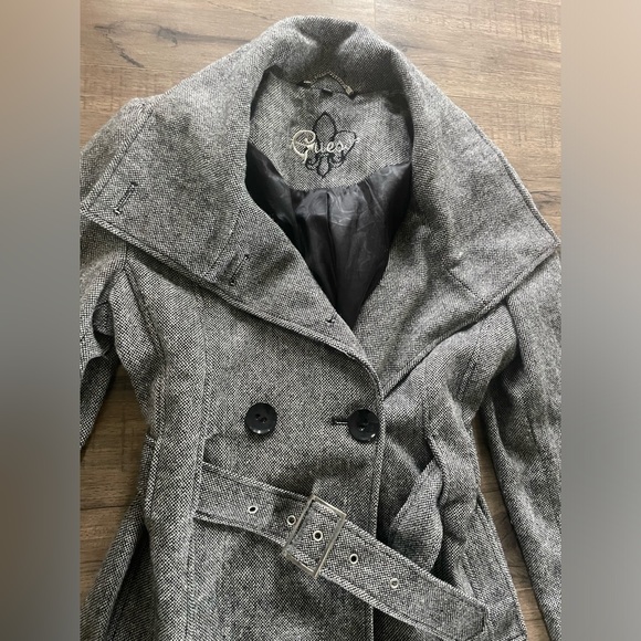 Guess Gray Herringbone Belted Trench Coat Women’s M Classic Fall Winter Jacket - Picture 2 of 6